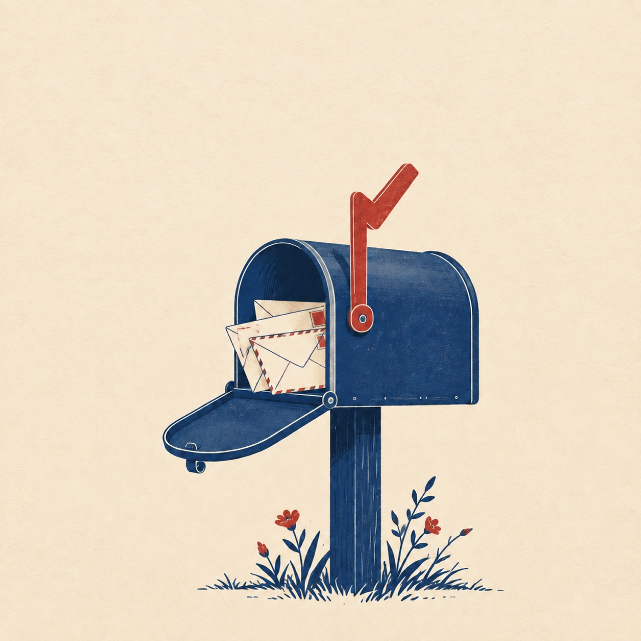 Illustration: a navy mailbox with its flag raised, holding stamped envelopes