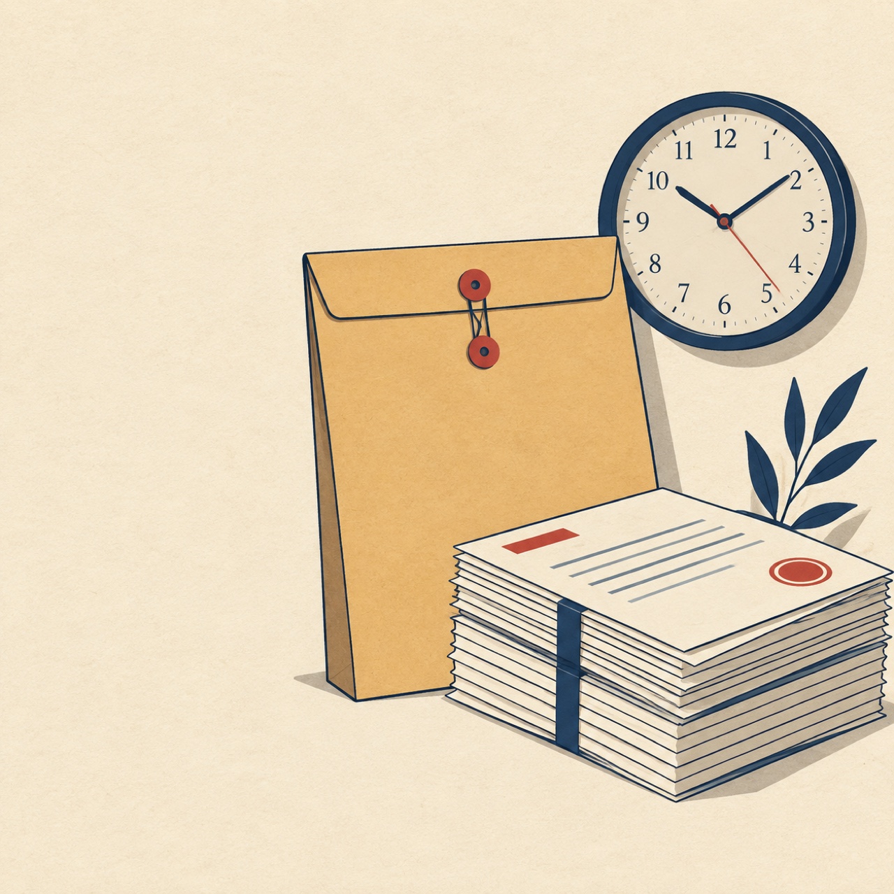 Illustration: an urgent CP523 notice envelope beside a wall clock and a stack of letters
