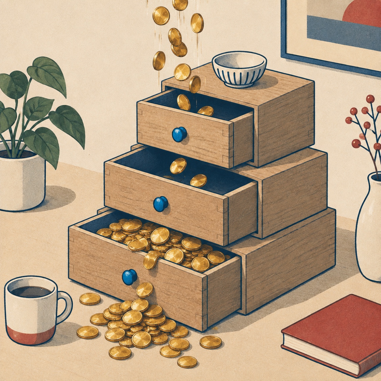 Illustration: coins flowing into the lowest drawer until it overflows, while upper drawers stay empty