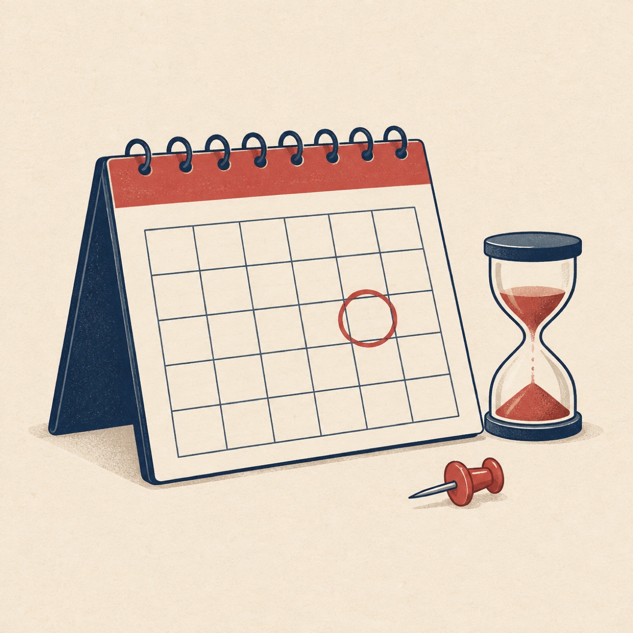 Illustration: a desk calendar with one date circled in red beside an hourglass