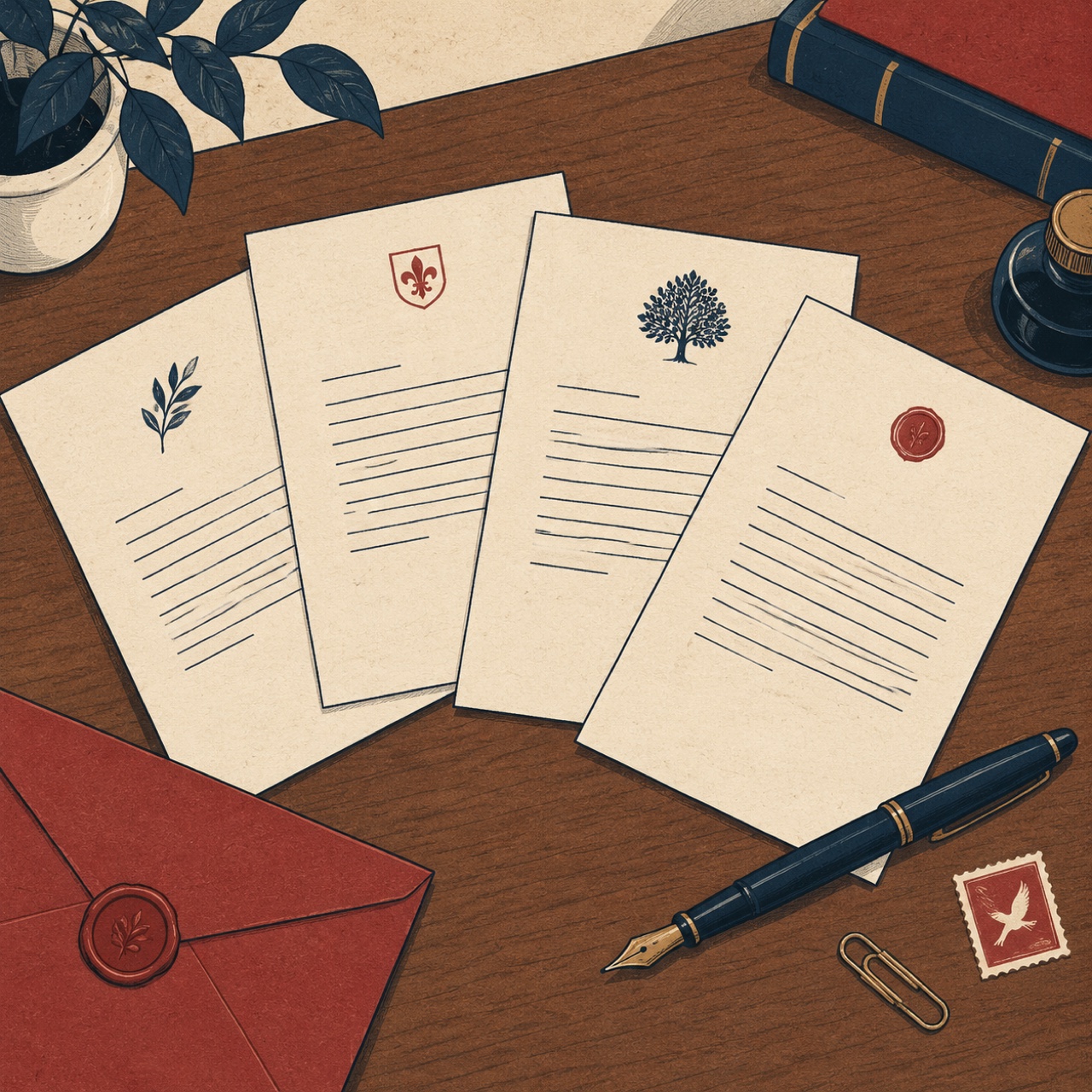 Illustration: four formal letters fanned out on a desk with a fountain pen and a stamp